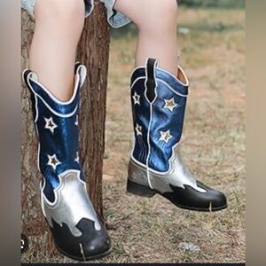 Yamvim Kids Cowboy Boots Stars kids size 9 toddler boy girl -Blue Silver-NWT